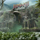 A stone wall with a roaring hippo, palm trees, and the words "Jumanji: The Adventure."